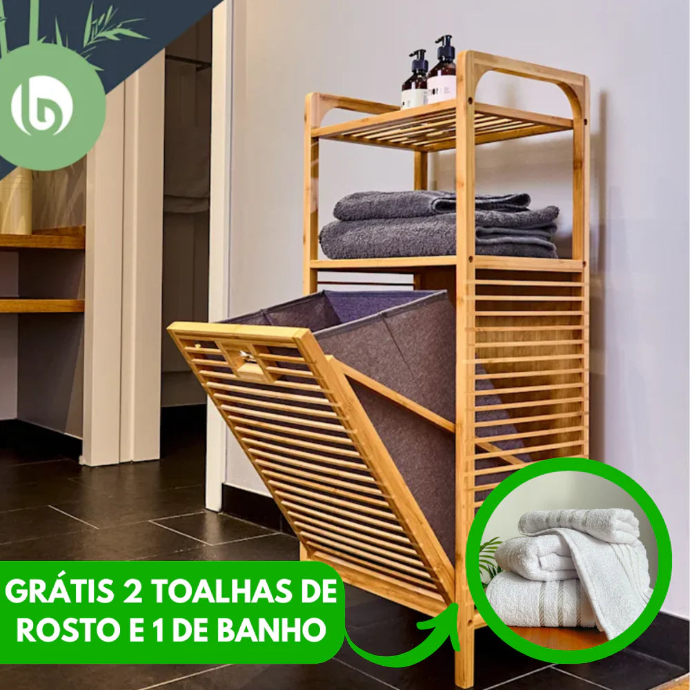 Cesta de lavandería rústica de bambú con múltiples compartimentos (2 toallas faciales gratis y 1 toalla de baño gratis)